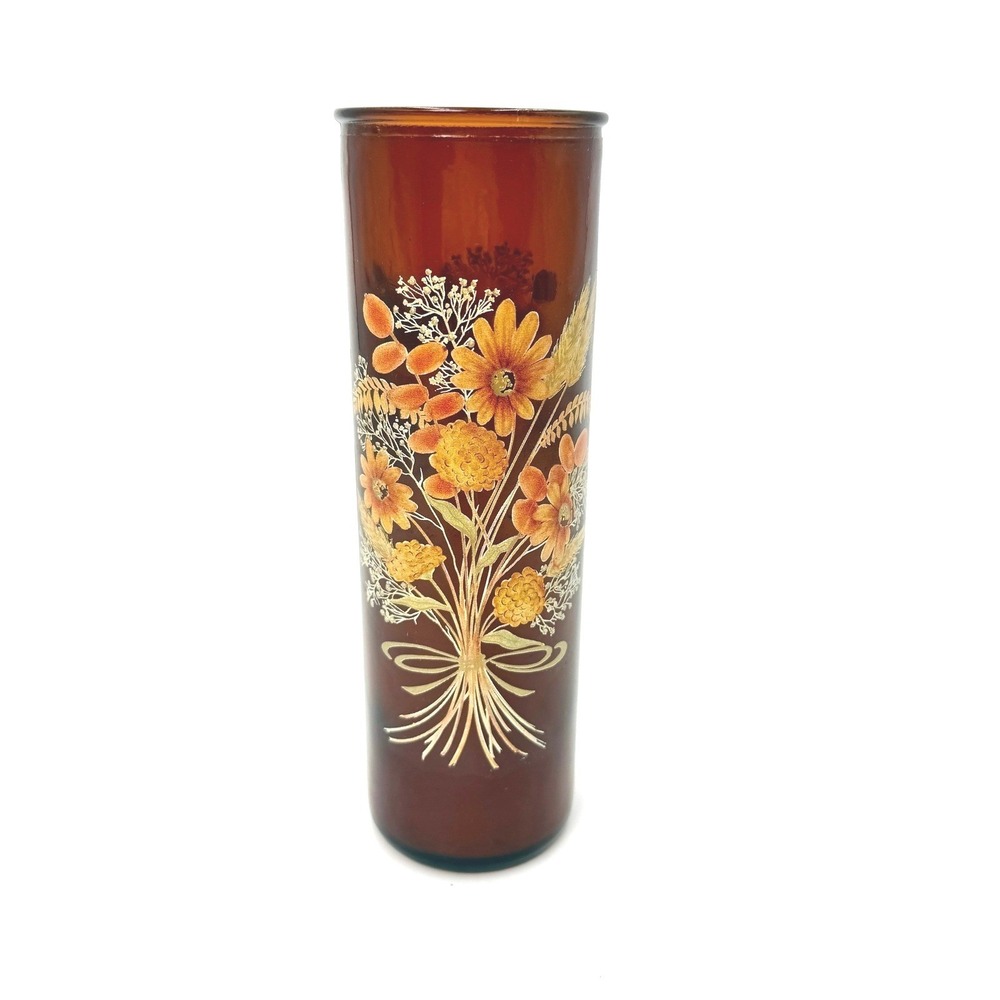 Vintage Amber Glass Cylinder‎ Vase Floral Bouquet Screen Print Retro